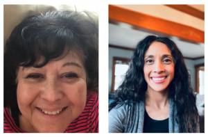 Two headshots of dark-haired, smiling women. Valerie DeCora Guimaraes (on the left) is wearing a red-striped shirt. Jenna Nelson is wearing a black shirt and gray cardigan.